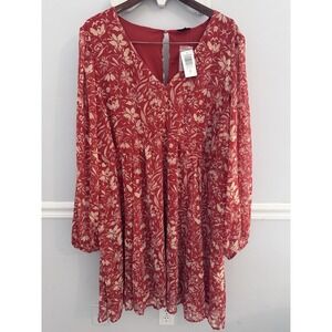 Torrid Size 4 (4X) Red Floral Chiffon V-Neck Long Sleeve Dress NWT